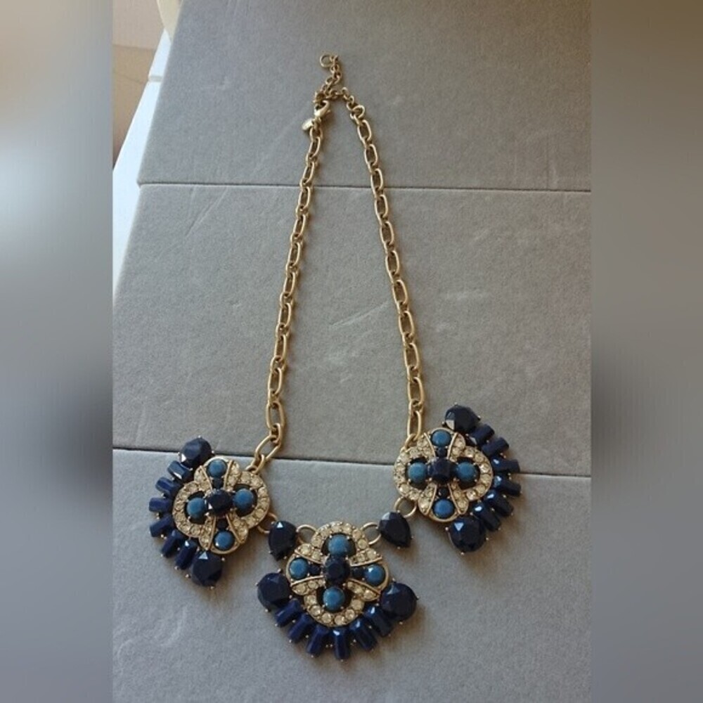 J. Crew Chunky Statement Gold Tone Blue & Clear Rhinestones Necklace
